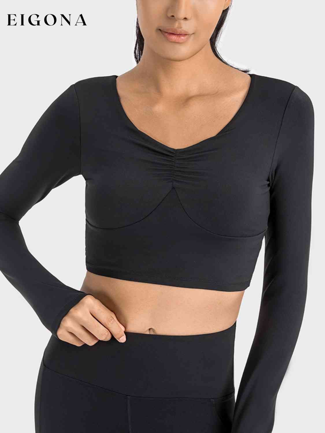 Ruched Cropped Long Sleeve Sports Top Black activewear C-Thousand clothes Ship From Overseas