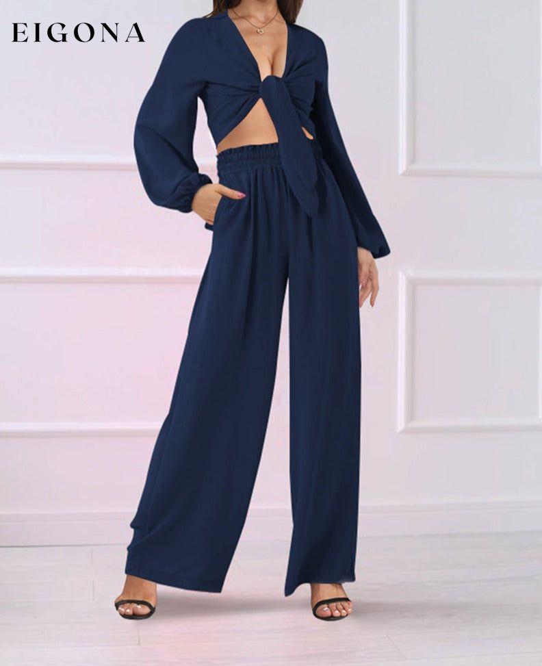 Cutout Long Sleeve Top and Wide Leg Pants Set Navy clothes MDML sets Ship From Overseas Shipping Delay 09/29/2023 - 10/02/2023 trend