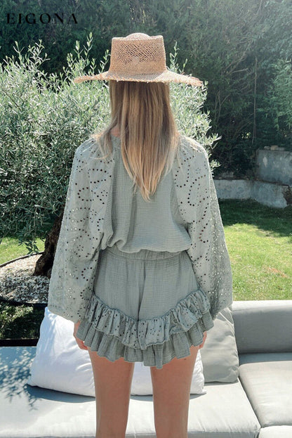 Mist Green Crinkled Eyelet Raglan Sleeve Top Ruffled Shorts Set All In Stock bottoms clothes Detail Ruffle long sleeve top long sleeve tops Occasion Daily Print Solid Color set sets Style Southern Belle top tops Women's Bottoms