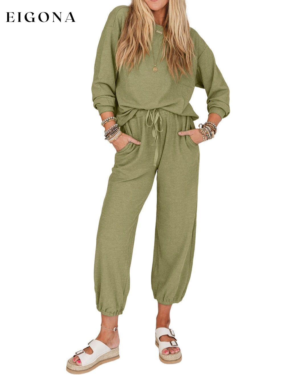 Long Sleeve Top Drawstring Joggers Set (Top and Bottoms included) All In Stock clothes Color Green lounge wear sets loungewear sets Occasion Home Print Solid Color Season Winter sets Style Casual