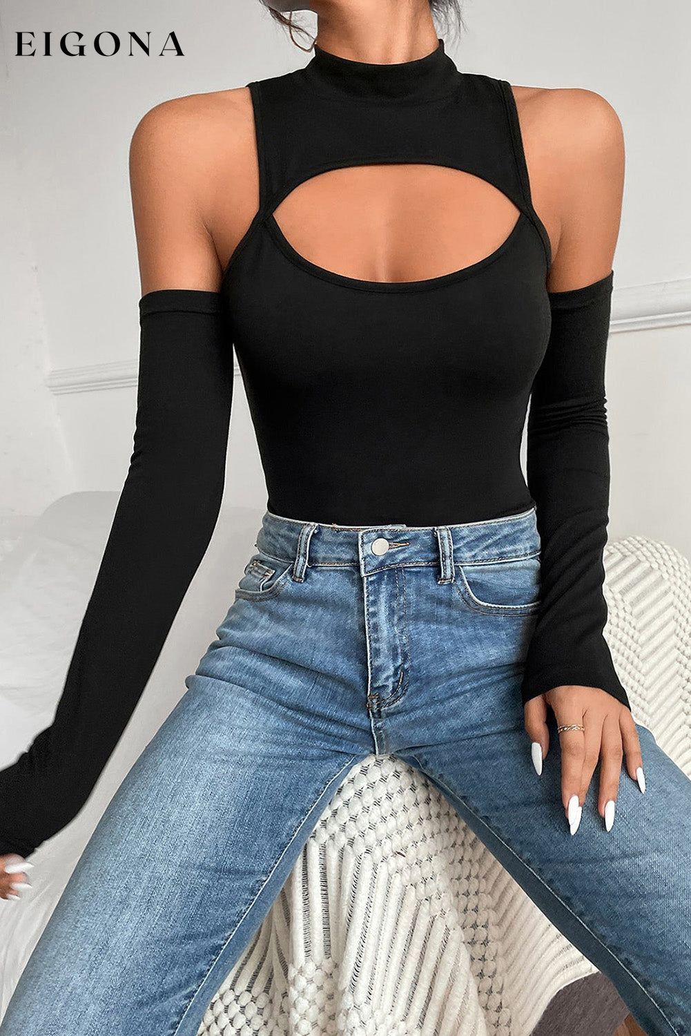 Black High Neck Cut Out Front Bodysuit clothes cut out bodysuit long sleeve bodysuit Occasion Rock & Music Print Solid Color Season Spring shirt Size S To 2XL Style Feminine top