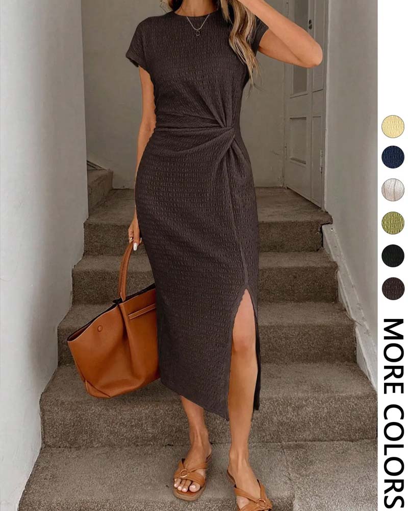 Twist-Knot Cinched Waist Side-Slit Dress