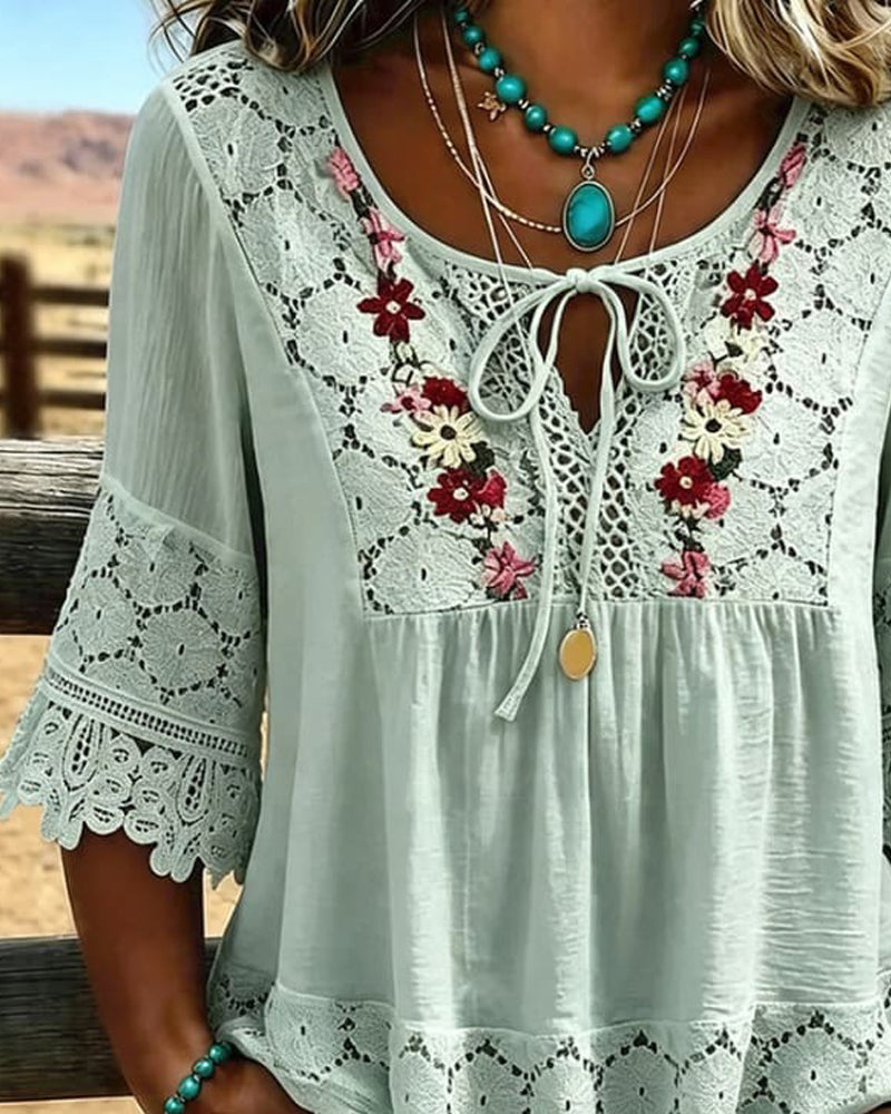 Tie Lace Panel Casual Blouse
