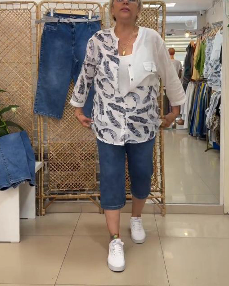 Three-Quarter Sleeves Printed Contrast Blouse