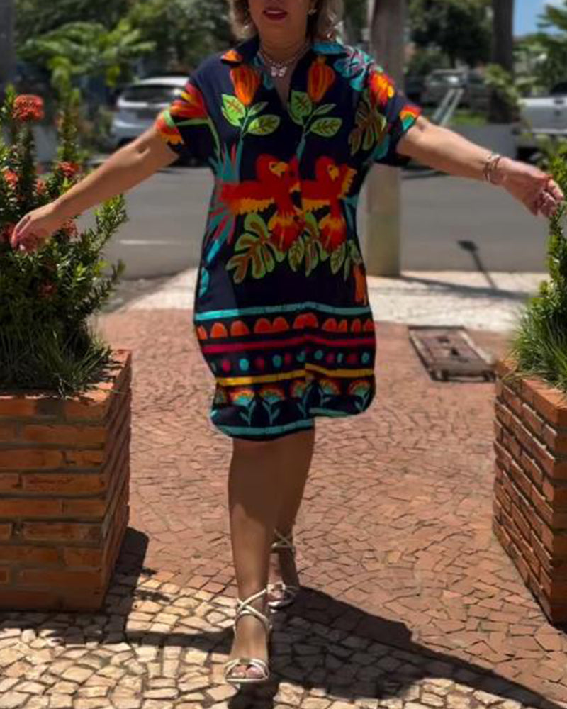 Lapel Animal Leaf Print Dress