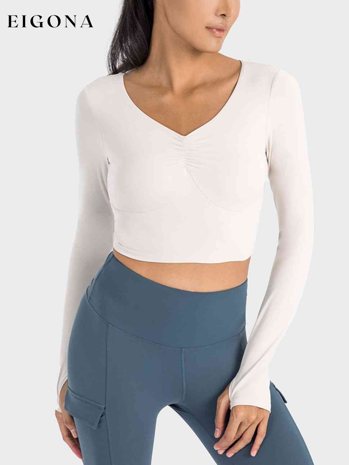 Ruched Cropped Long Sleeve Sports Top White activewear C-Thousand clothes Ship From Overseas