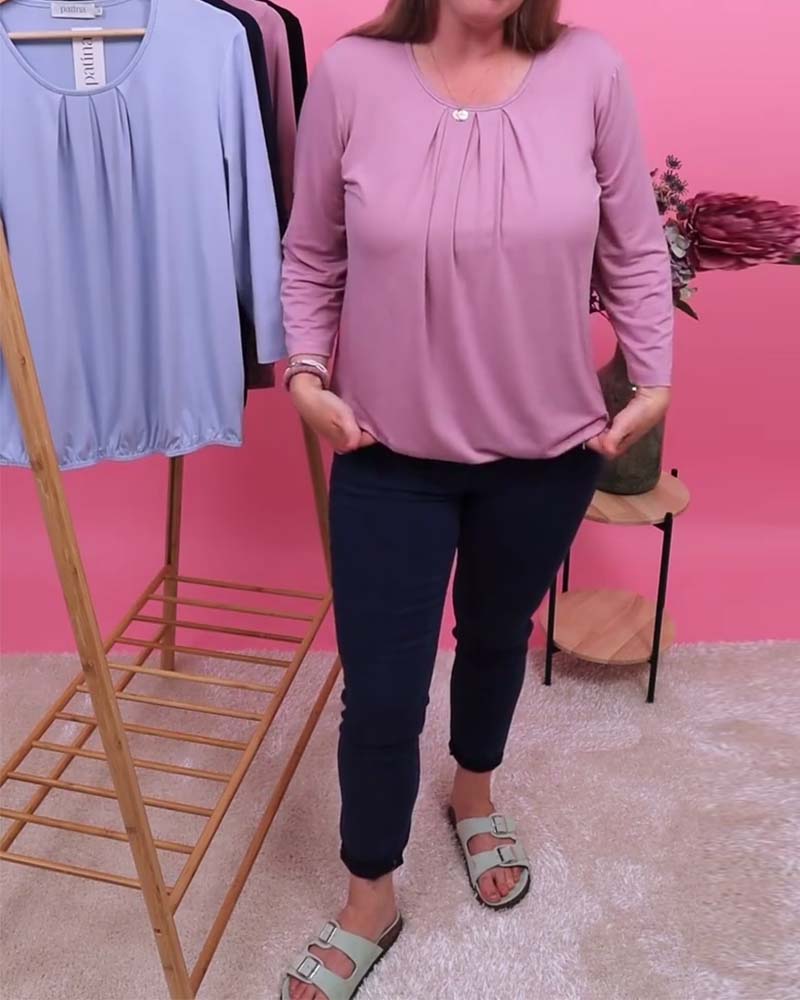 Crew Neck Pleated 3/4-Sleeve Top