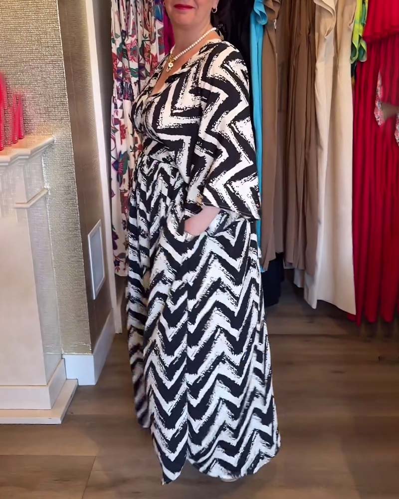 Contrast wave print v-neck long-sleeved dress 202466 casual dresses spring summer