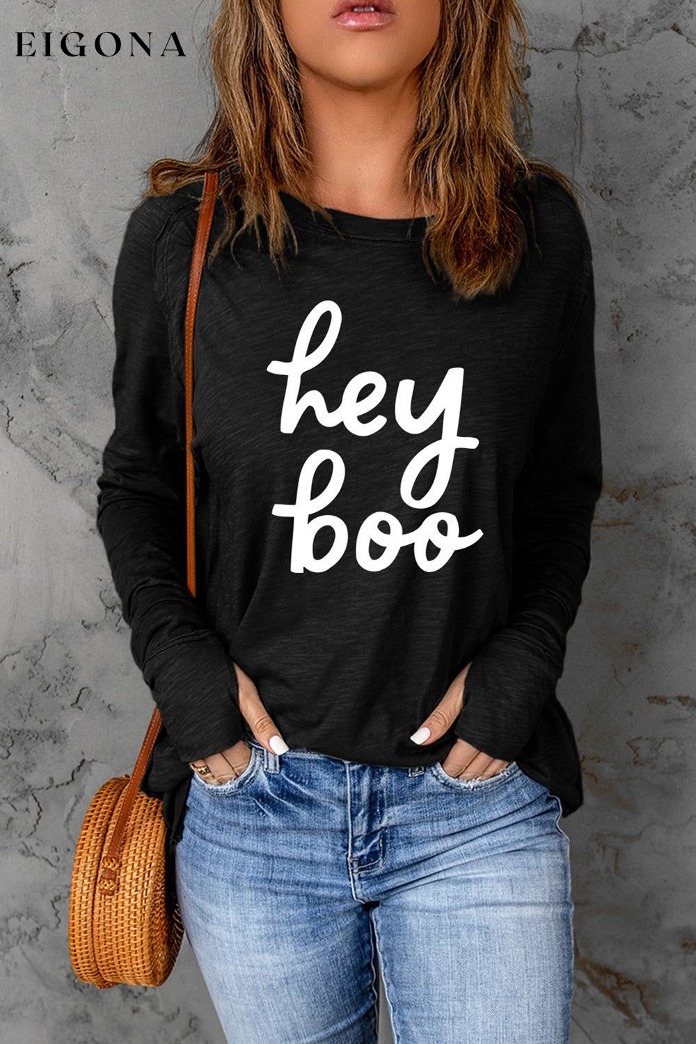 HEY BOO Graphic Round Neck T-Shirt clothes long sleeve Ship From Overseas shirt shirts SYNZ top trend