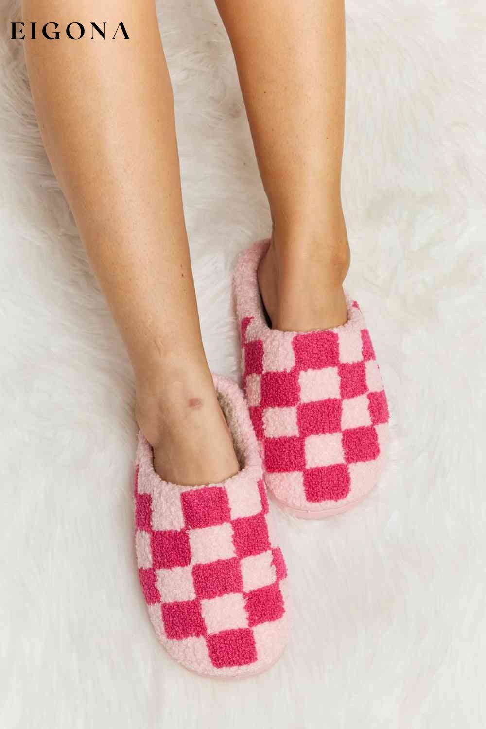 Checkered Print Plush Slide Slippers Melody Ship from USA Shoes womens shoes