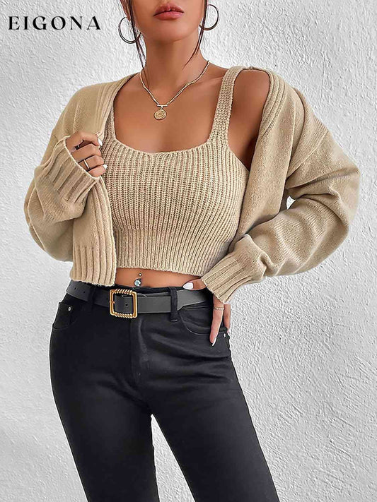 Plain Sweater Cami and Cardigan Set Tan cardigan cardigans clothes sets Ship From Overseas sweater sweaters Y.M