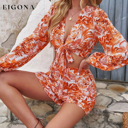 Printed Long Sleeve Cropped Top and Shorts Set clothes crop top croptop Hanny long sleeve shirts long sleeve top sets Ship From Overseas Shipping Delay 09/29/2023 - 10/04/2023 shorts top tops trend trendy