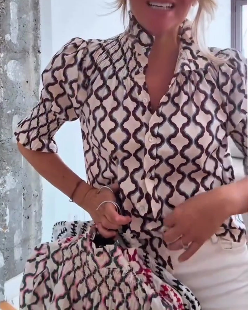 Wave Print Stand Collar Puff Sleeve Shirt