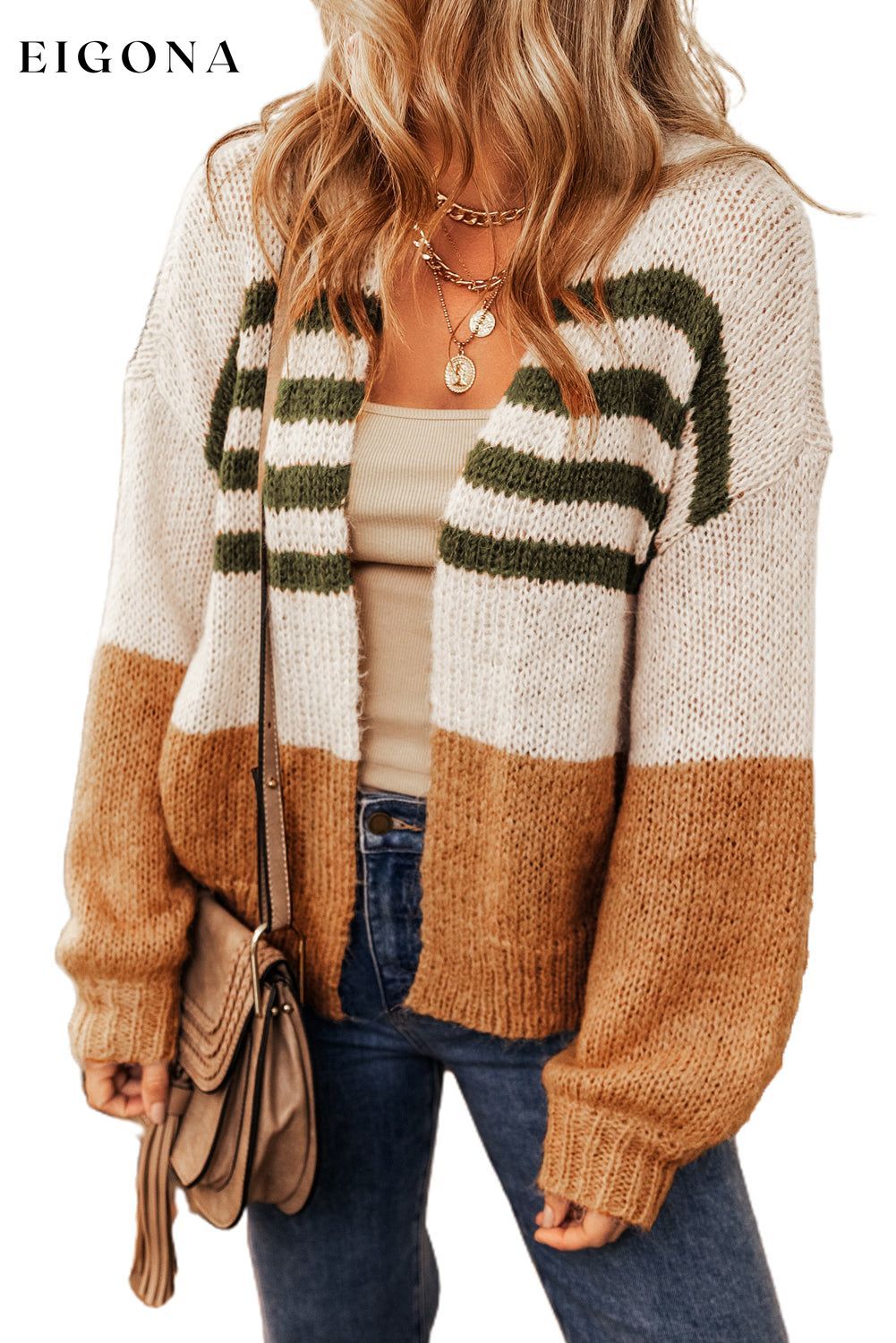 Camel Colorblock Striped Open Cardigan cardigan cardigans clothes DL Chic DL Exclusive EDM Monthly Recomend Print Color Block Season Winter Sweater sweaters Sweatshirt