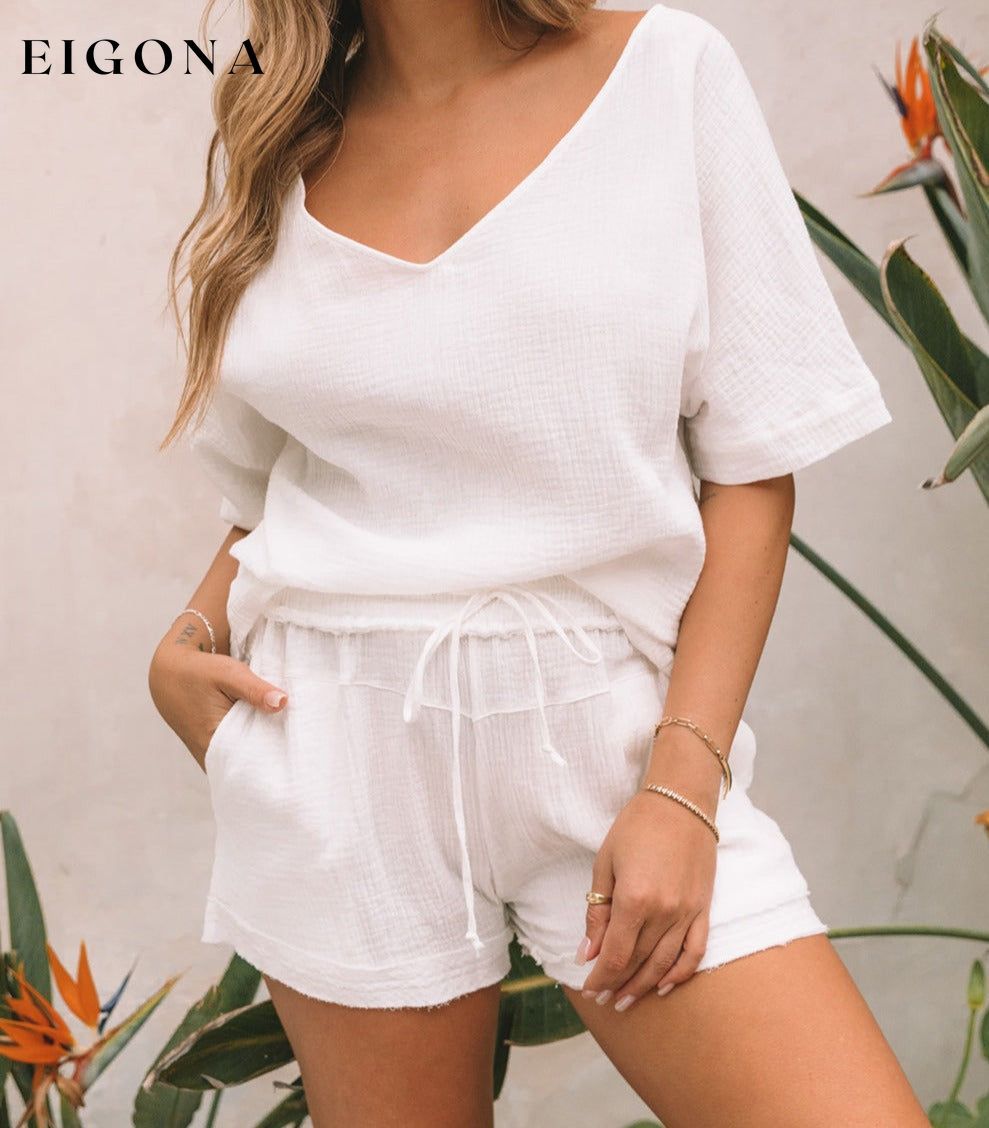 White Relaxed V Neck Blouse and Drawstring Raw Hem Shorts Set 2 pieces All In Stock clothes DL Exclusive Fabric Linen Occasion Vacation Print Solid Color Season Summer set short set Style Casual