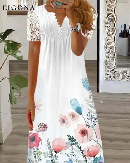 Floral print lace short sleeve long dress 23BF Casual Dresses Clothes Dresses Summer