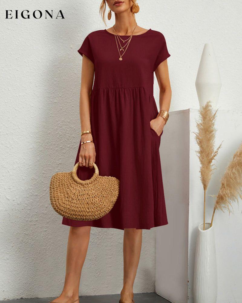 Round neck loose cotton and linen dress Burgundy 23BF casual dresses Clothes Cotton and Linen discount Dresses Spring summer