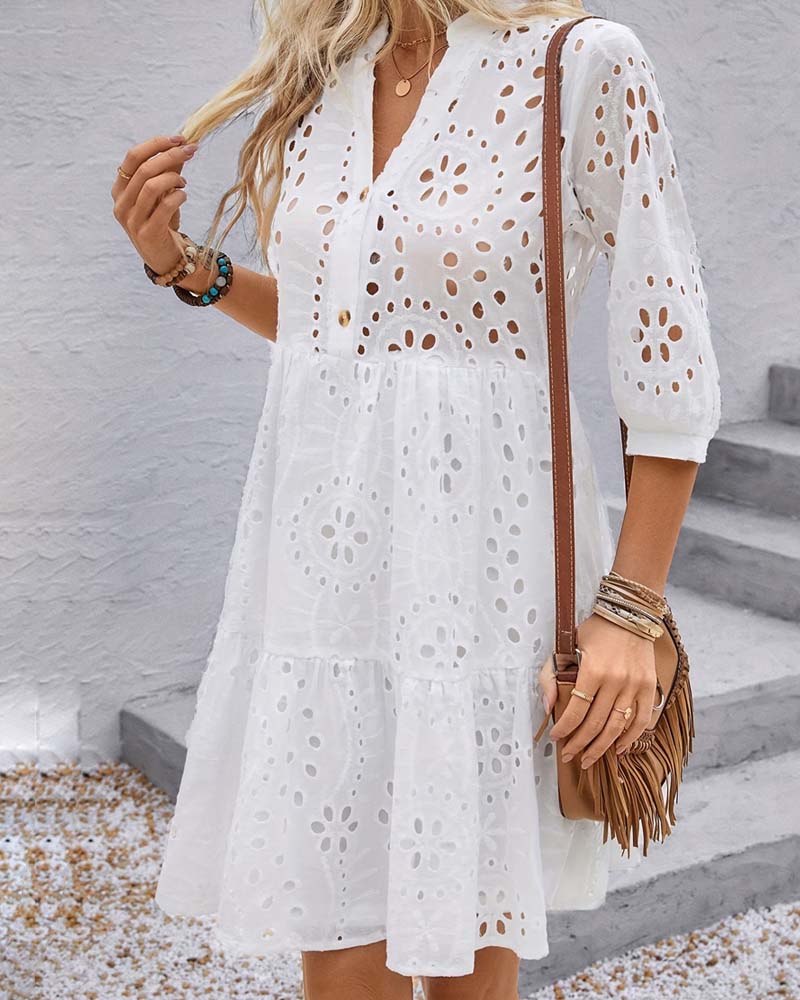 Hollow Out V-Neck Solid Color Ruffle Dress