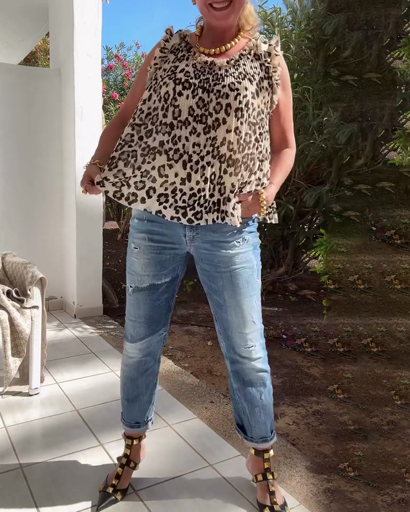 Leopard print sleeveless pleated top 202466 summer tank tops & camis