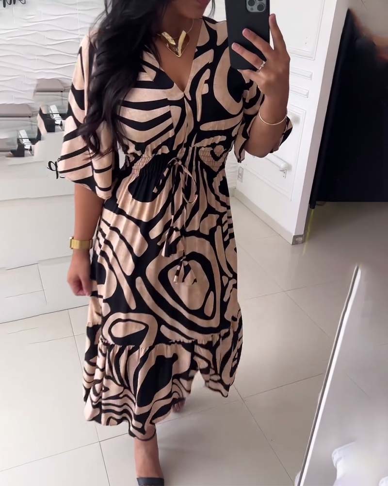 V-neck waist printed casual dress 202466 casual dresses summer