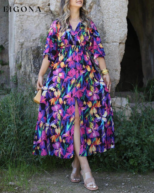 Colorful floral print V-neck slit long dress casual dresses spring summer vacation dresses