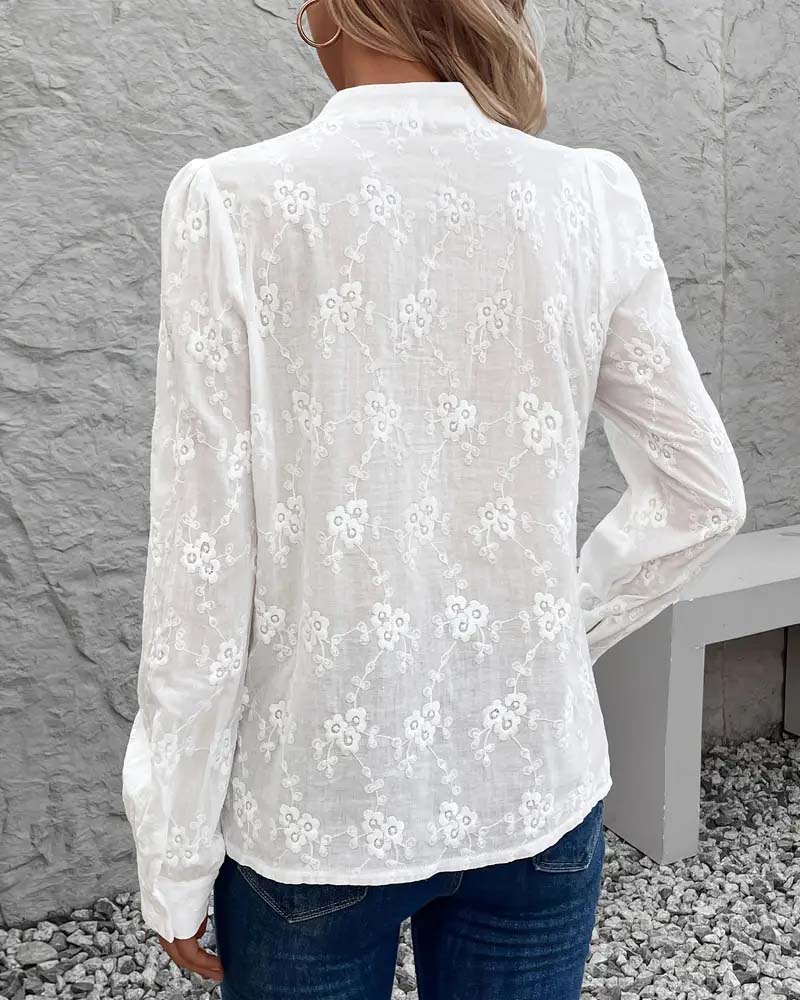 V-Neck Long-Sleeved Solid Color Shirt