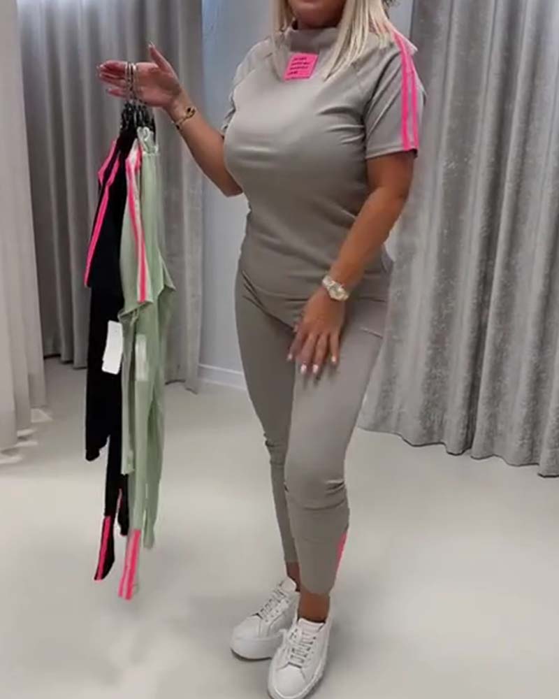 Slim Fit Double Stripe Color Block Short Sleeve Set