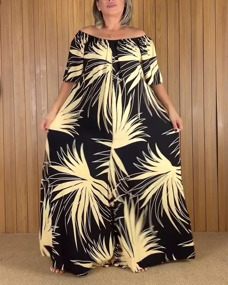 Off-Shoulder Leaf Print Dress