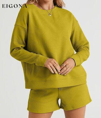 Double Take Full Size Texture Long Sleeve Top and Drawstring Shorts Set Chartreuse Clothes Double Take lounge lounge wear lounge wear sets loungewear loungewear sets sets Ship from USA