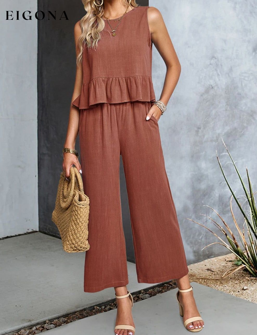 Decorative Button Ruffle Hem Tank and Pants Set Terracotta clothes DY sets Ship From Overseas trend