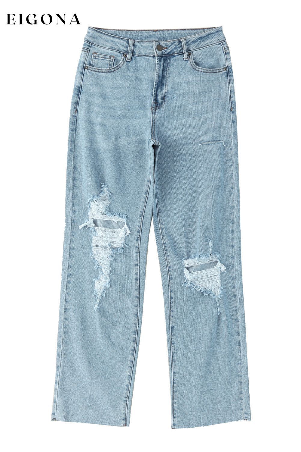 Sky Blue Distressed Frayed Hem Holed Straight Leg Loose Jeans All In Stock bottoms clothes DL Chic DL Exclusive Fabric Denim Jeans Occasion Daily pants Print Solid Color Season Fall & Autumn Season Spring Style Casual Women's Bottoms