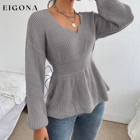 Notched Dropped Shoulder Knit Long Sleeve Top Cloudy Blue clothes long sleeve shirts long sleeve top long sleeve tops Ship From Overseas shirt shirts short sleeve shirt top tops X.W