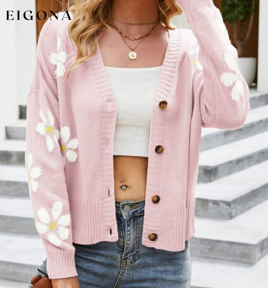 Floral Ribbed Trim Drop Shoulder Cardigan Pink cardigan cardigans clothes Ship From Overseas sweater sweaters Yh