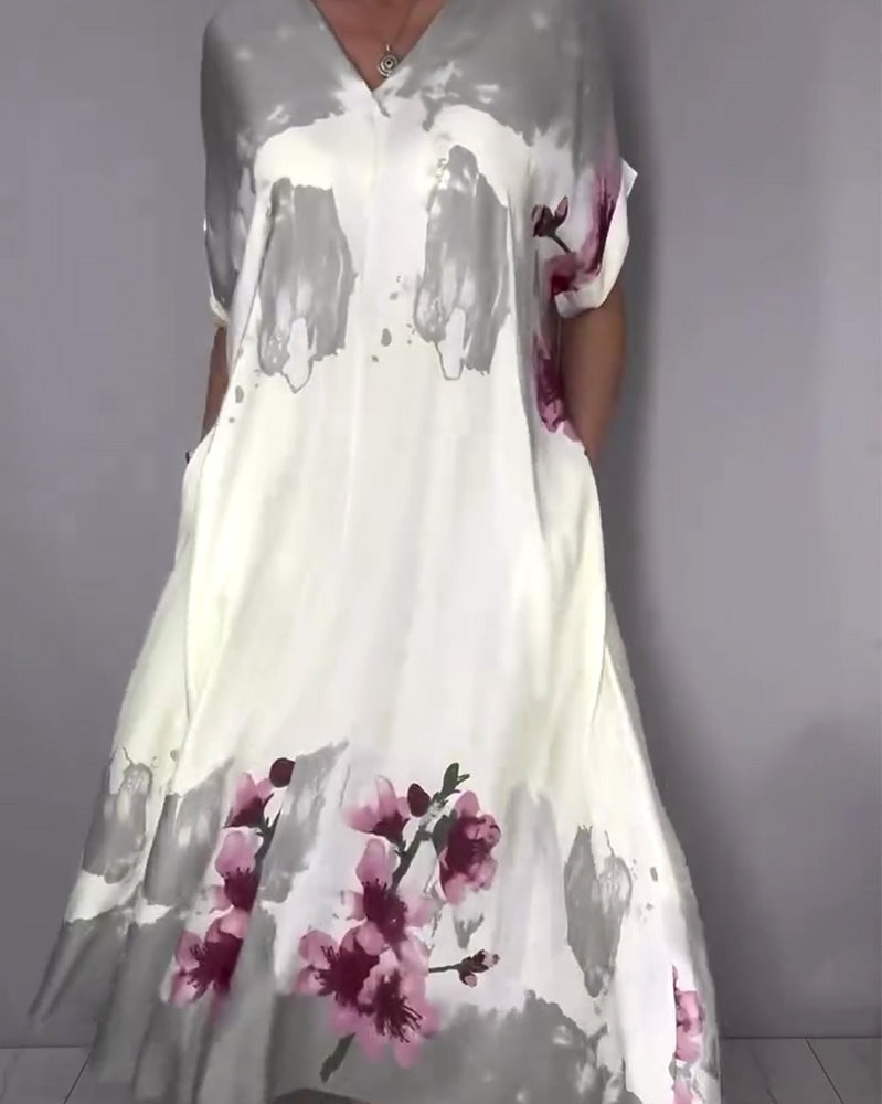 Ink Wash Peach Blossom V-Neck Maxi Dress