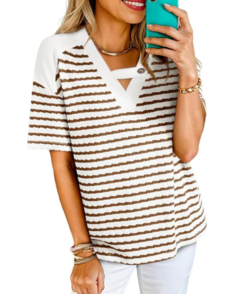 Hollow Out Striped Short Sleeve T-Shirt