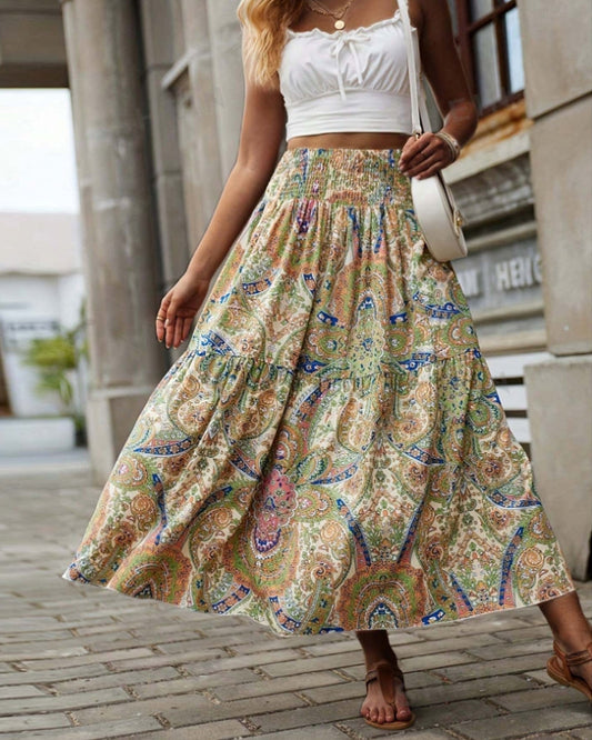Retro printed high waisted pleated skirt skirts spring summer
