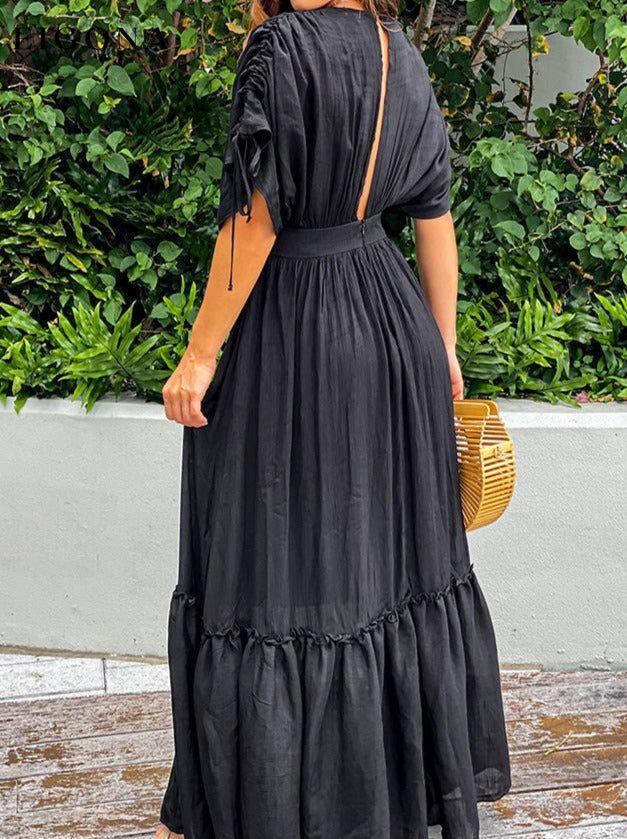 Plunge Neck Tie Sleeve Black Maxi Dress casual dress casual dresses clothes dress dresses maxi dress maxi dresses Ship From Overseas SYNZ trend