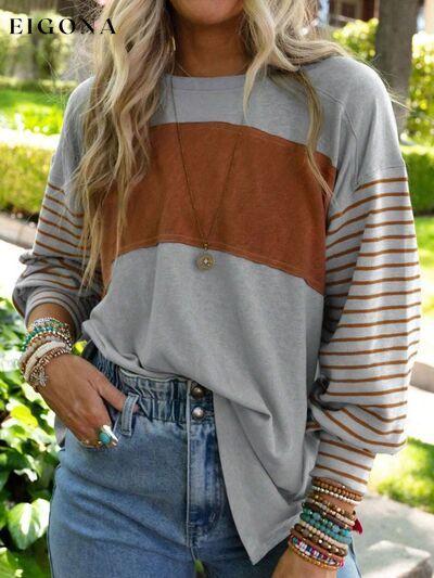 Round Neck Striped Long Sleeve Slit T-Shirt Heather Gray A@X@E clothes long sleeve shirt long sleeve shirts long sleeve top long sleeve tops Ship From Overseas shirt shirts