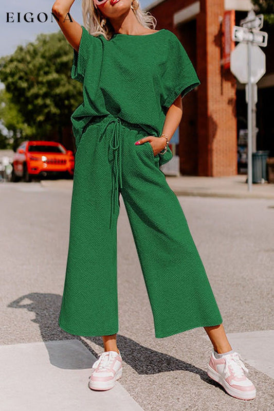 Dark Green Textured Loose Fit T Shirt and Drawstring Pants Set Dark Green 95%Polyester+5%Elastane 2 pieces Best Sellers clothes EDM Homewear EDM Monthly Recomend Fabric Ribbed lounge wear Occasion Home pants set Print Solid Color Season Summer sets Silhouette Wide Leg Style Casual