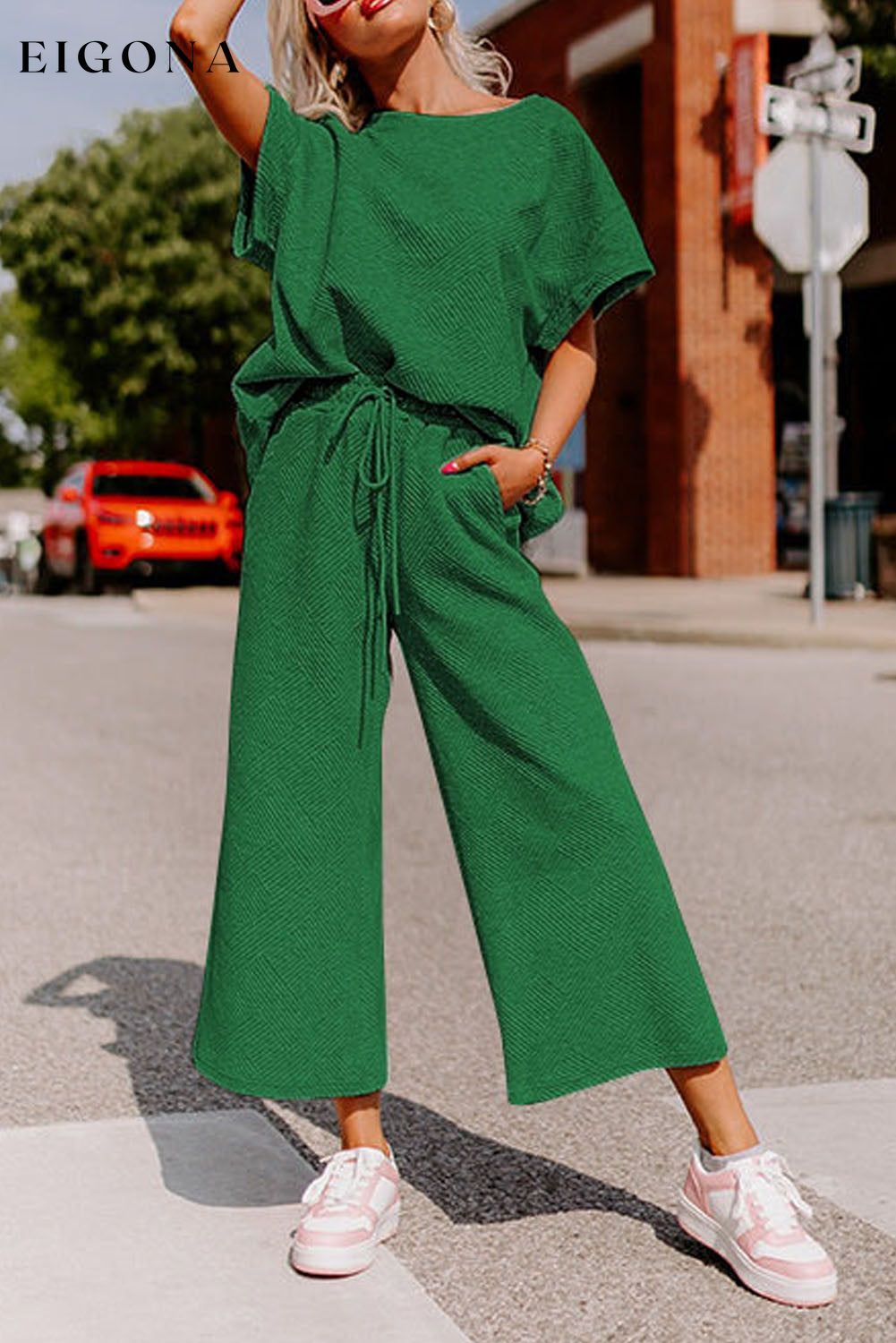 Dark Green Textured Loose Fit T Shirt and Drawstring Pants Set Dark Green 95%Polyester+5%Elastane 2 pieces Best Sellers clothes EDM Homewear EDM Monthly Recomend Fabric Ribbed lounge wear Occasion Home pants set Print Solid Color Season Summer sets Silhouette Wide Leg Style Casual