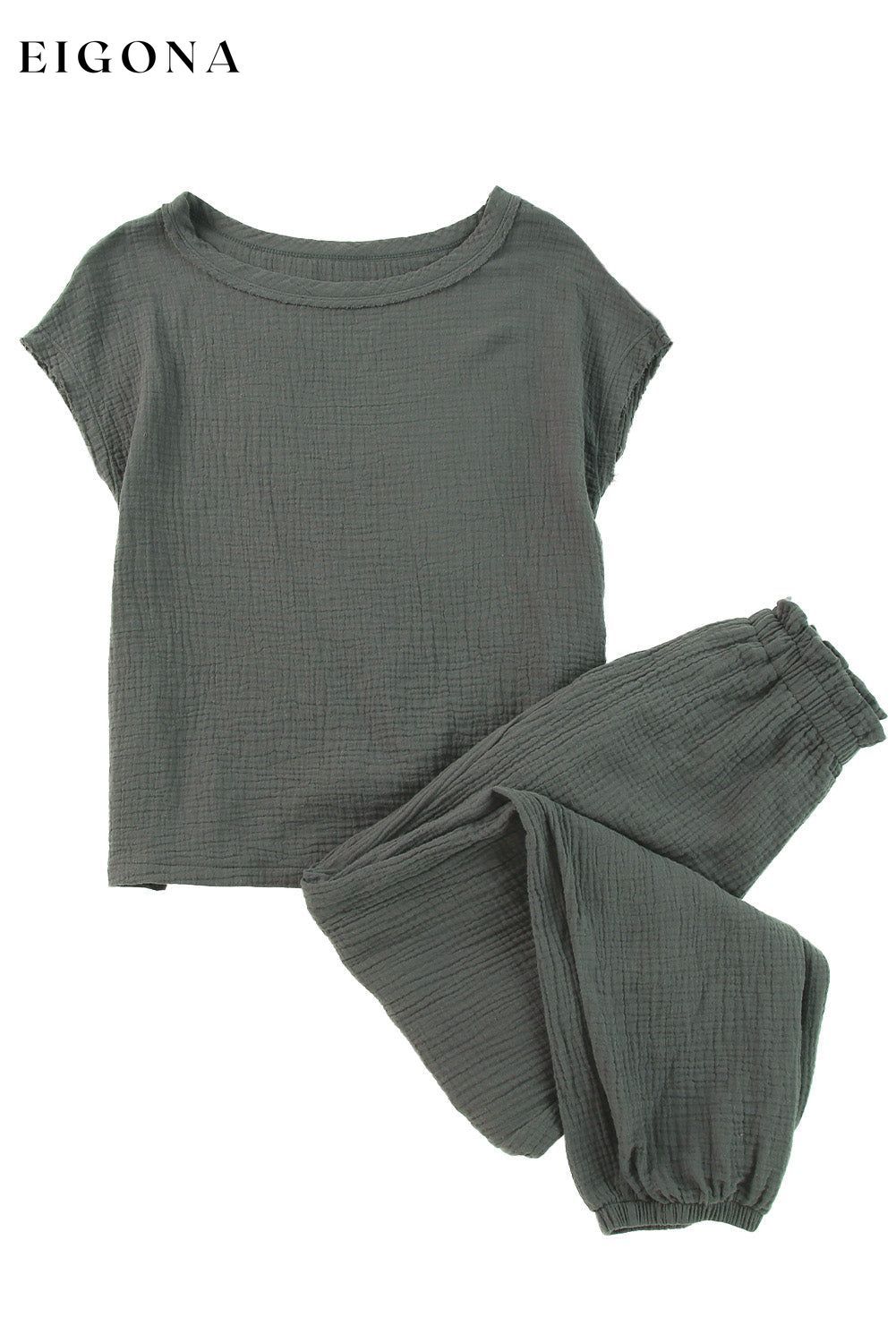 Gray Crinkled Texture Tee and Jogger Pants Set 2 pieces clothes clothing DL Exclusive Fabric Linen Fabric Textured jogger pants set lounge wear loungewear Occasion Daily Occasion Home Print Solid Color Season Summer set sets Style Casual