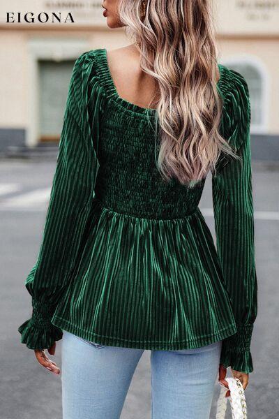 Womens Off The Shoulder Long Sleeve Velvet Top Smocked Lantern Sleeve Peplum Blouse Clothes long sleeve shirt long sleeve shirts long sleeve top long sleeve tops Ship From Overseas shirt shirts SYNZ top tops Tops/Blouses