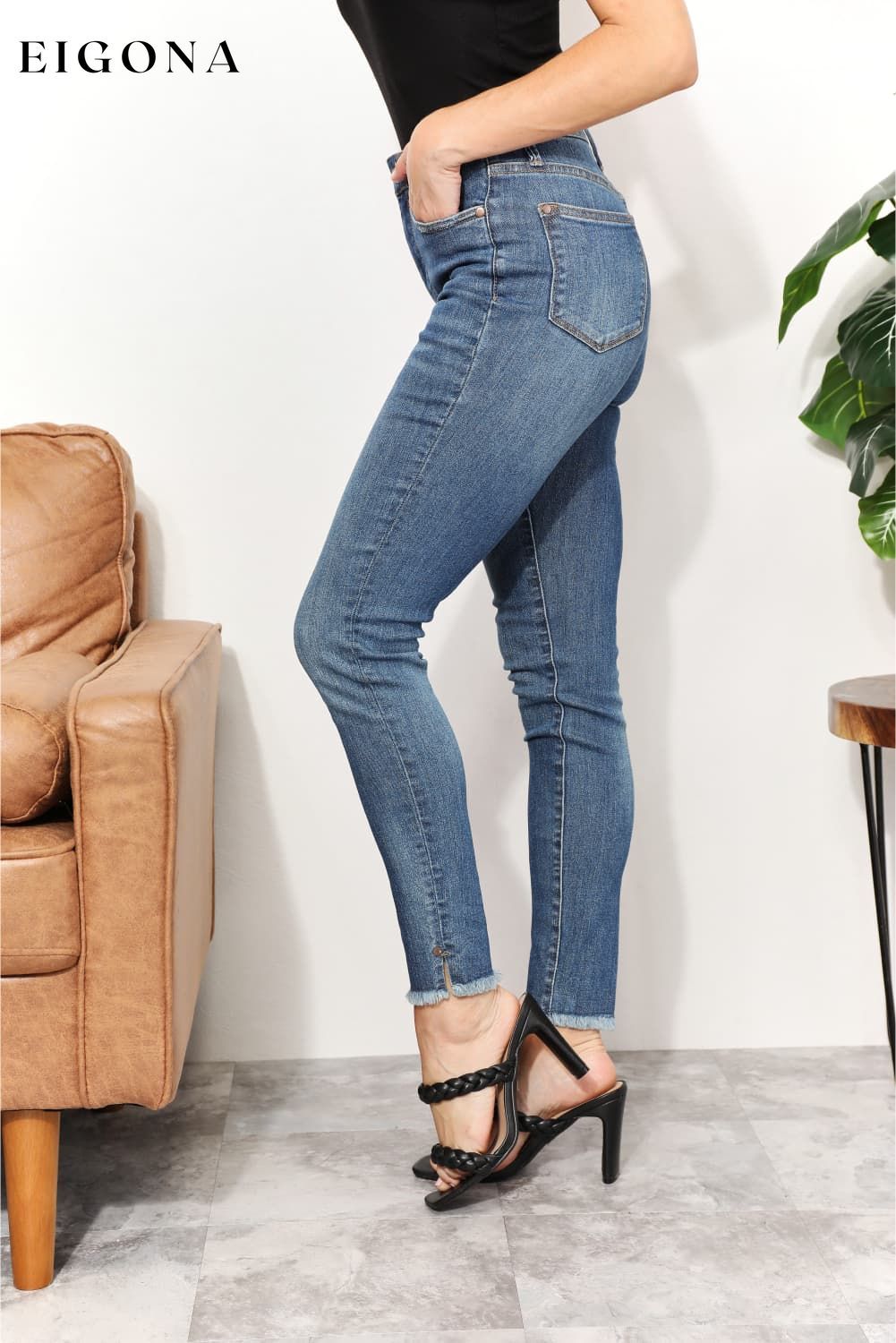 Full Size Tummy Control Side Slit & Fray Hem Skinny Jeans bottoms clothes Jeans Judy Blue Ship from USA Women's Bottoms