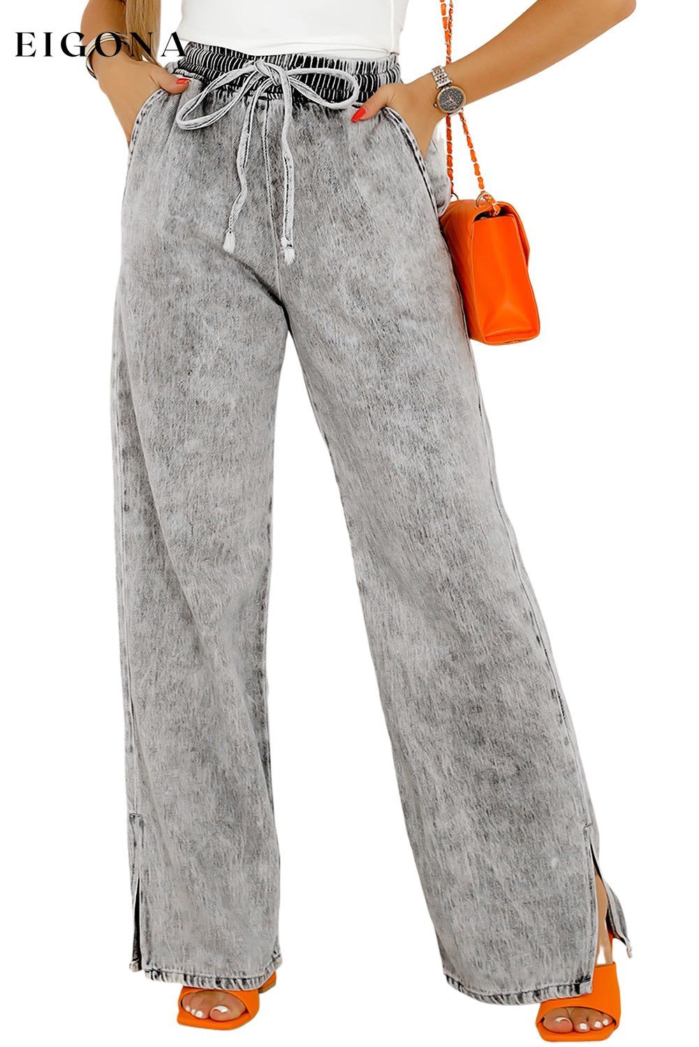 Medium Grey Drawstring Elastic Waist Wide Leg Jeans All In Stock bottom bottoms clothes Fabric Denim Jeans Occasion Daily Print Solid Color Season Winter Silhouette Wide Leg Style Casual Women's Bottoms