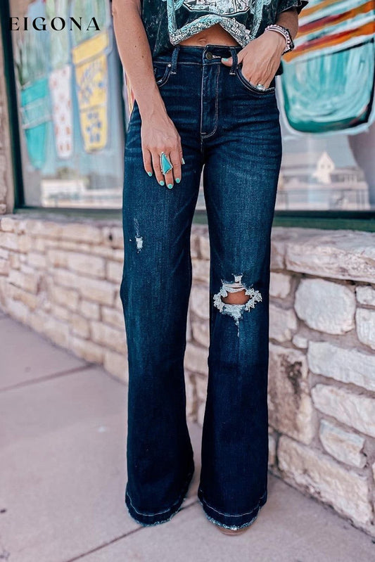 Real Teal High Rise Ripped Bell Bottom Jeans Real Teal 71%Cotton+27.5%Polyester+1.5%Elastane All In Stock bottom bottoms clothes Craft Distressed Fabric Denim Flare Jeans Jeans Occasion Daily pants Print Solid Color Season Spring Silhouette Straight Leg Style Western Women's Bottoms