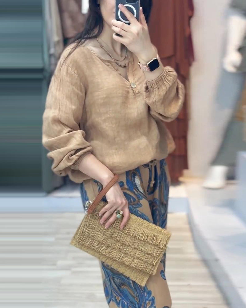 Long sleeve casual print set 202466 Cotton and Linen spring summer two-piece sets