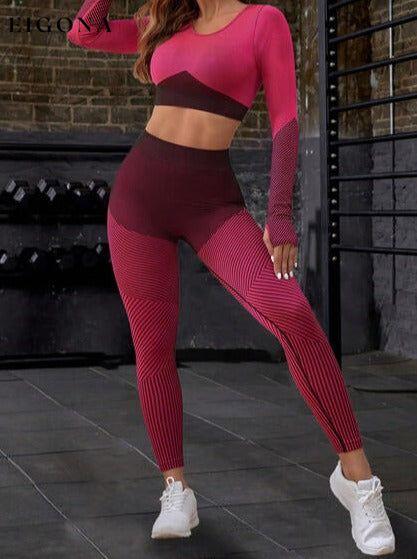 Striped Long Sleeve Top and Leggings Sports Set Deep Rose activewear Activewear sets clothes Q&S Ship From Overseas