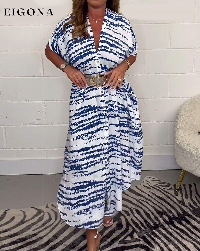 Printed V-neck buttoned loose long dress spring summer