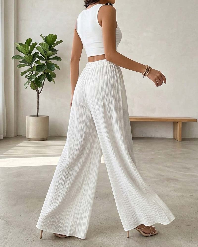 Solid Color Drawstring Wide Leg Pants