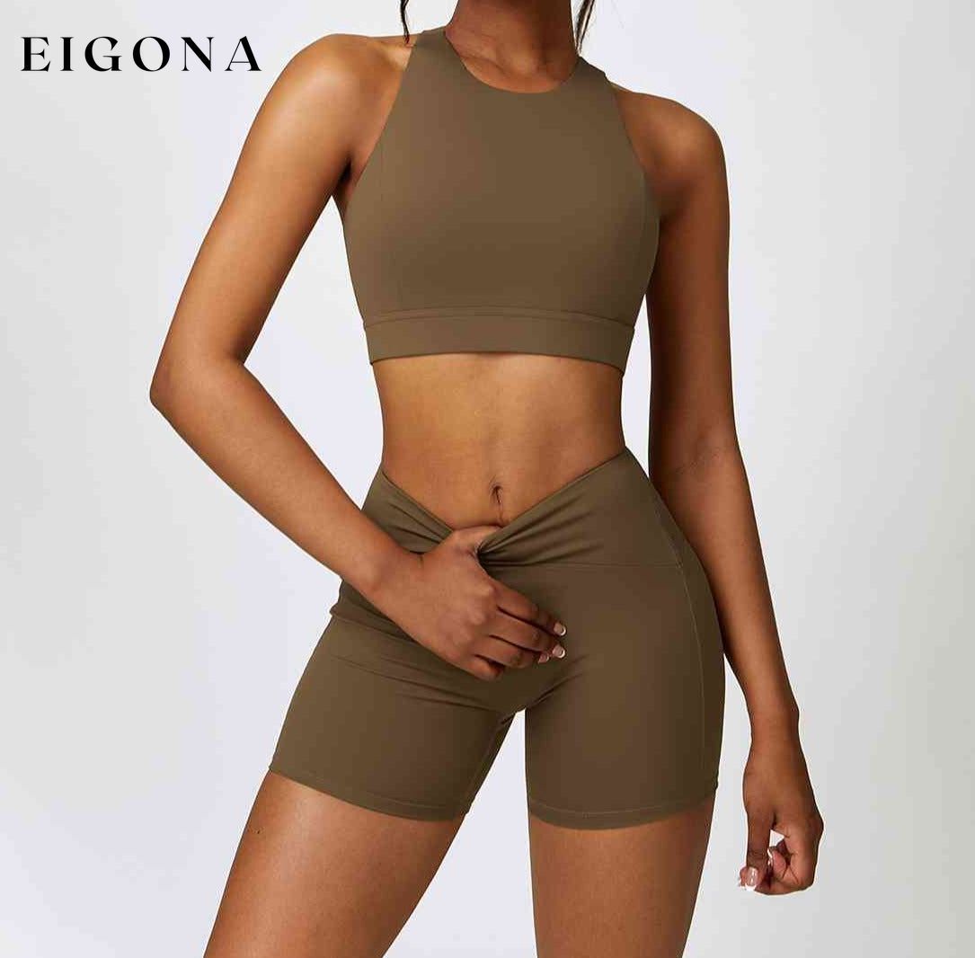 Cutout Cropped Sport Tank and Shorts Set Olive Brown active wear activewear Activewear sets clothes clothing sets Ship From Overseas Z&C